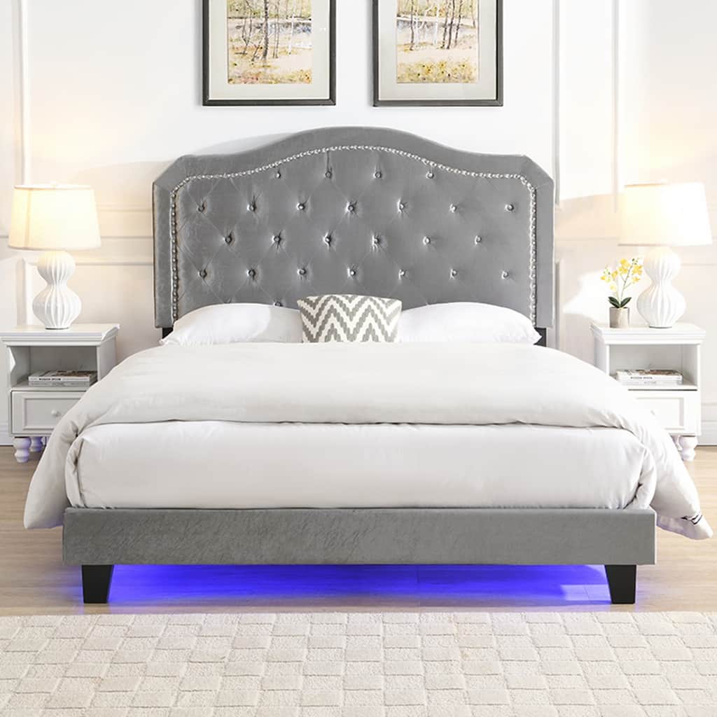 Upholstered Bed Button Tufted with LED Light