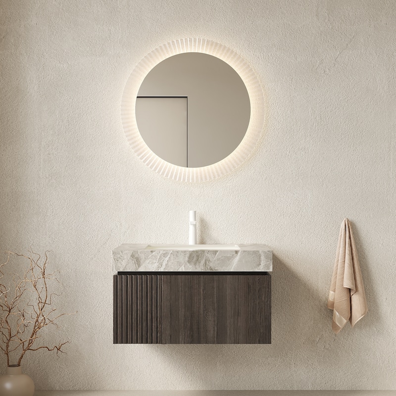 Floating Bathroom Vanity with Sintered Stone Top & Undermount Ceramic Basin with Single Pre-drilled Faucet Hole - 29.92'' x 18.9'' x 17.72'' - Espresso and Light Gray