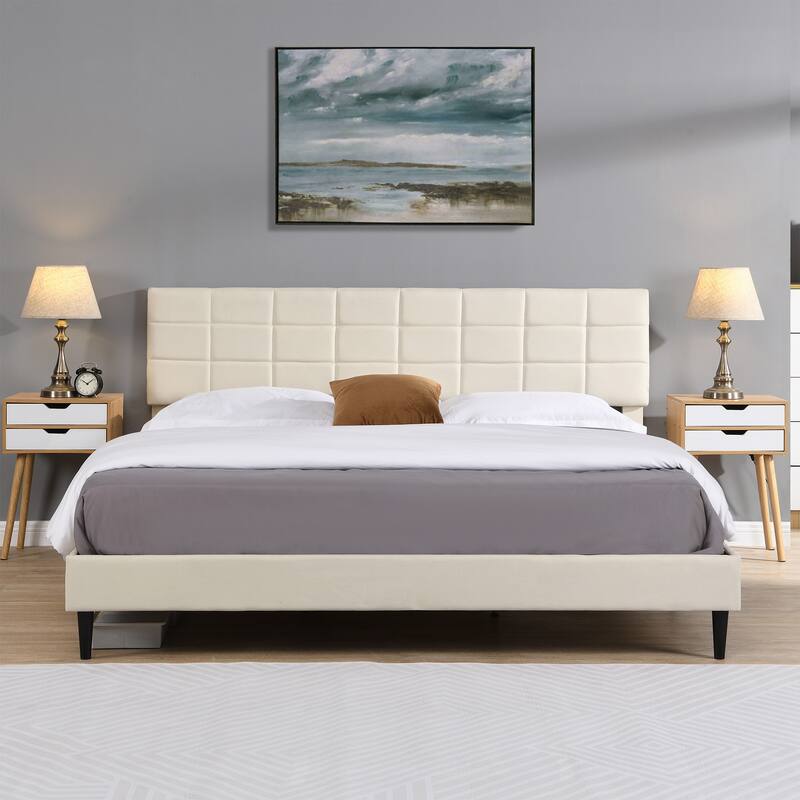 Platform Bed Frame with Fabric Upholstered Headboard and Wooden Slats - Beige-King - King