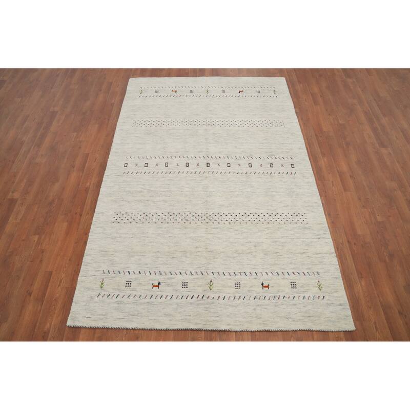 Hand Knotted Oriental 100% Wool Carpet Tribal Animal Pictorial Beige & Ivories Gabbeh Area Rug - 7' 10'' X 5' 1''