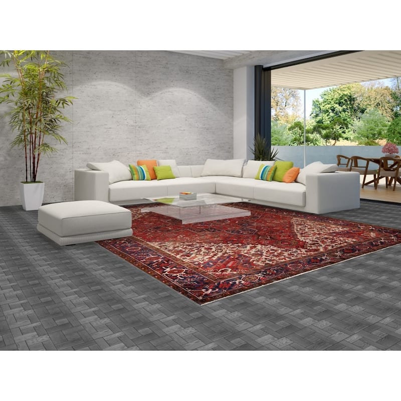 Geometric Heriz Vintage Persian Area Rug Hand-Knotted Wool Carpet - 10'4" x 12'9"