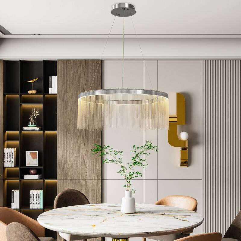 Aluminum Tassel Linear Chandelier Round Ceiling Pendant Lighting Fixture Over Dining Table, Kitchen Islands, Entryways