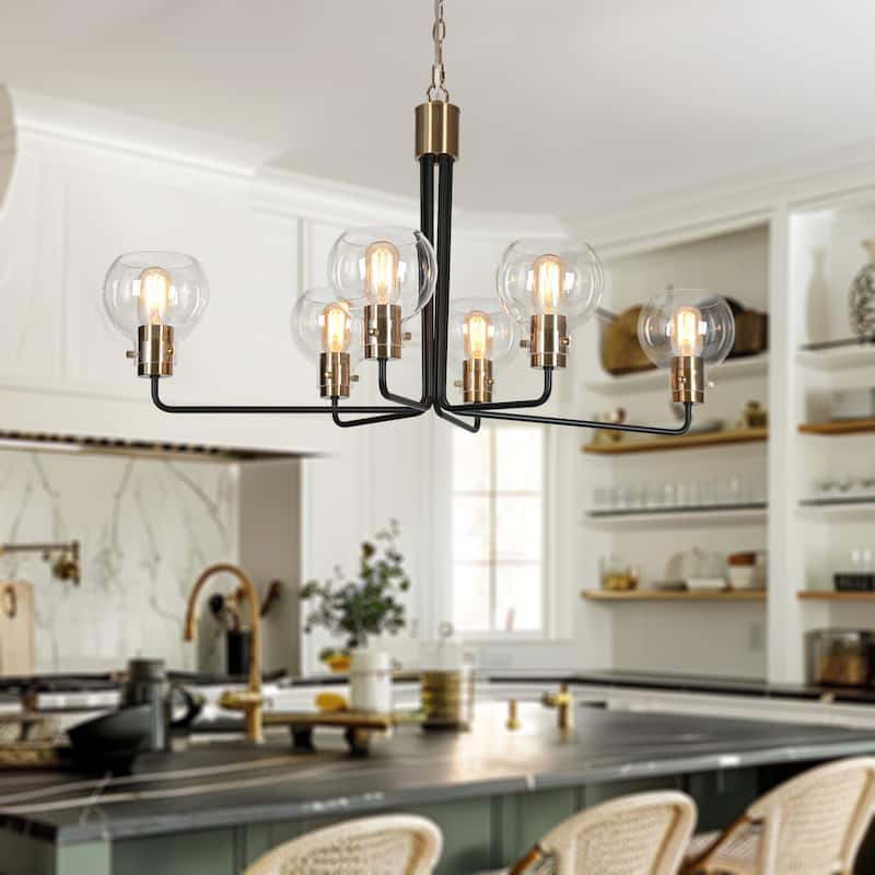 Modern 6-Light Black Gold Wheel Chandeliers Globe Glass Pendant Light for Dining Room