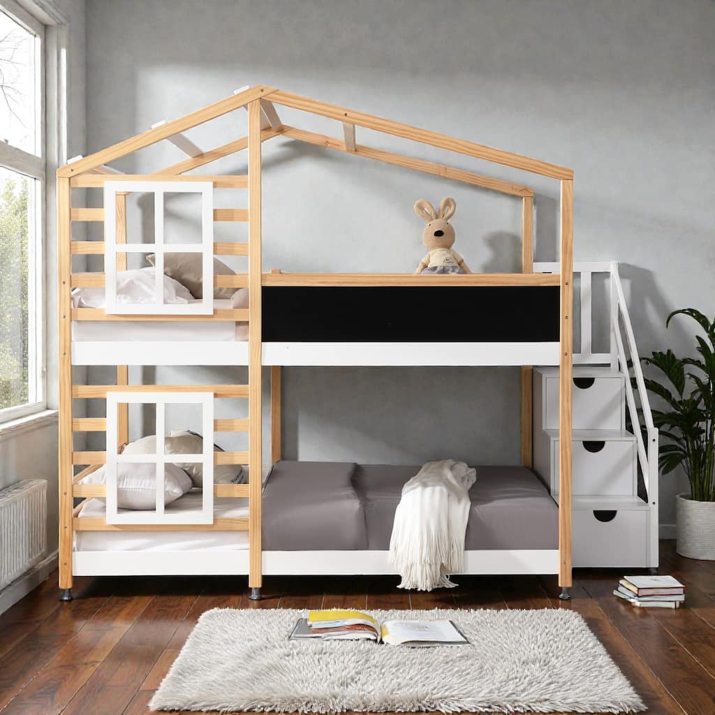 Full over Full / Twin over Twin House Bunk Bed with Roof, Windows, Blackboard, Storage Stairs, Solid Wood Frame