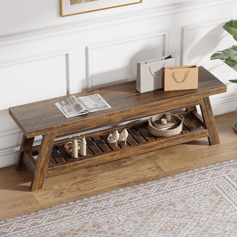 55" Entryway Bench with Shoe Storage, Large 2-Tier Foyer Bench