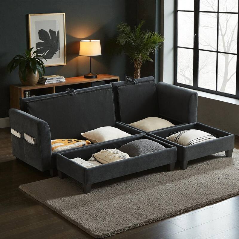 83" L-Shaped Sectional Sofa with Storage Seats Movable Ottoman Curved Armrests Chenille Couch with 6 Pillows