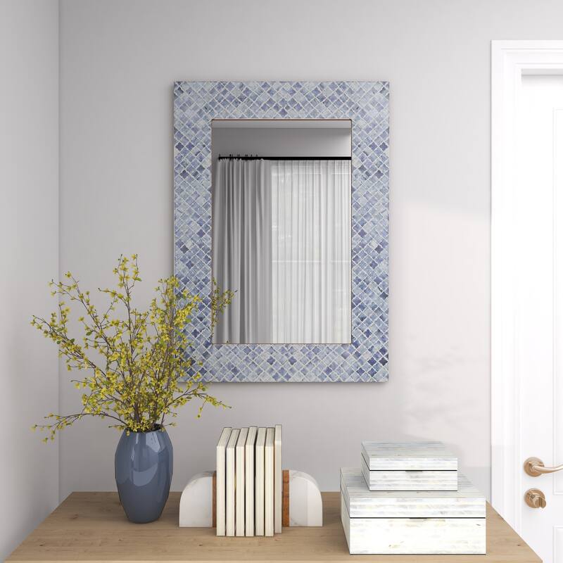 Blue Wood Quatrefoil Room Wall Mirror with Bone Inlay