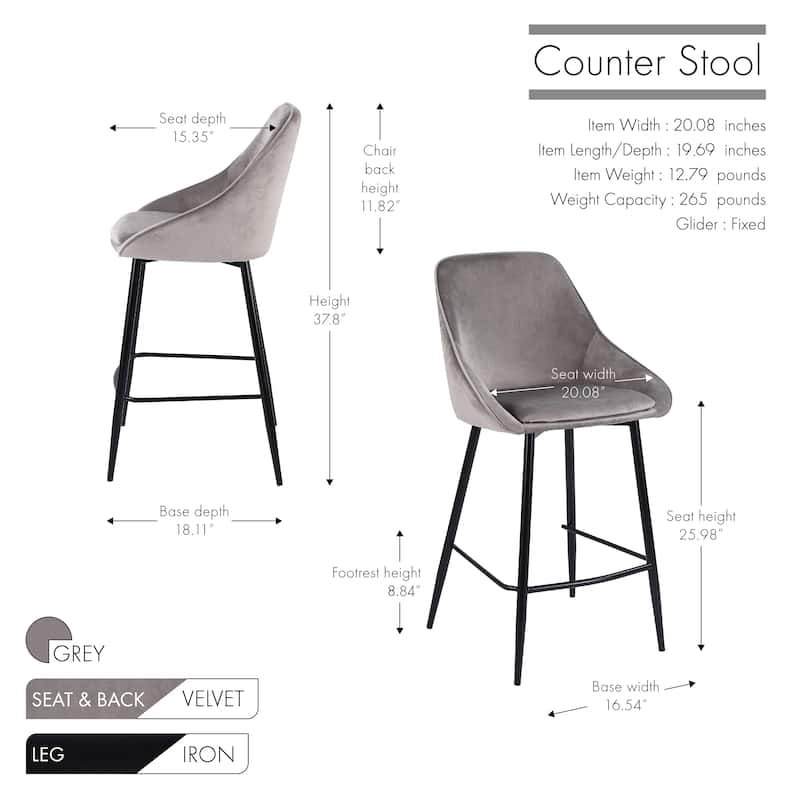 Porthos Home Uva Counter Stools Set of 2, Velvet Upholstery, Iron Legs
