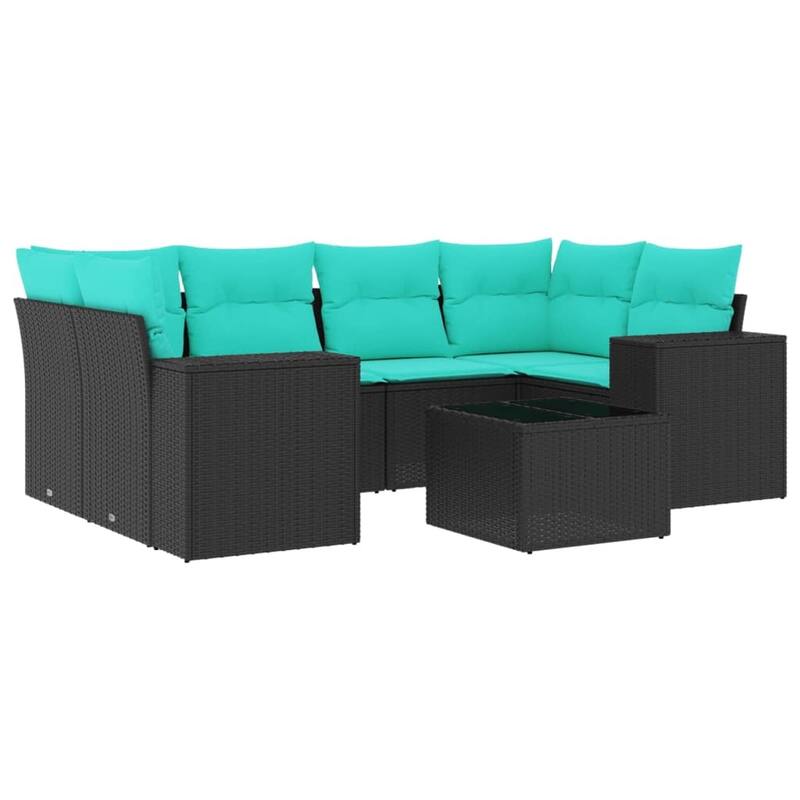 vidaXL 7 Piece Patio Sofa Set with Cushions Black Poly Rattan - 24.4" x 24.4" x 27.2"