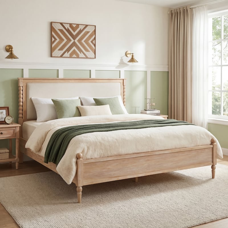 Christopher Knight Home - Traditional Wooden Platform Bed with Upholstered Headboard and Spindle Accent Design