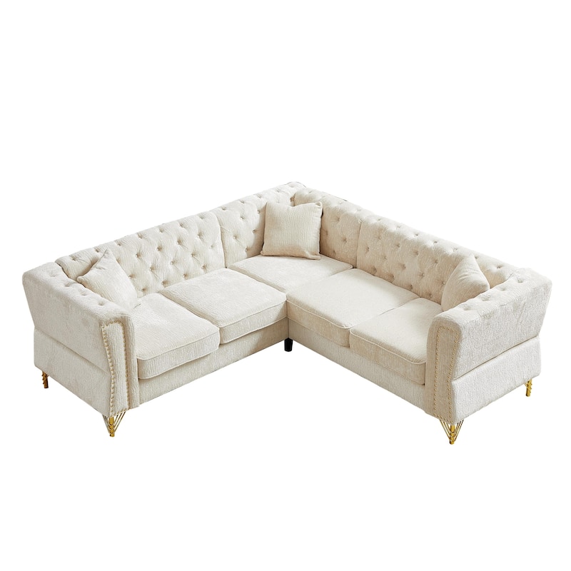 81.5-Inch Beige Chenille Corner Sofa, L-Shaped Sectional Couch with Nailhead Trim