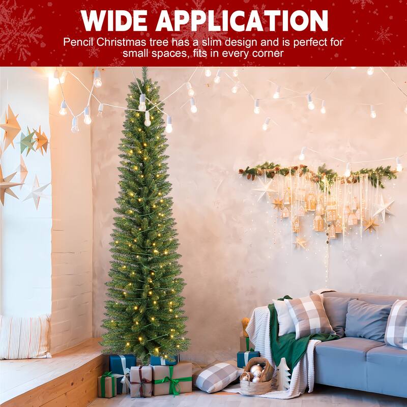 5FT Green Pencil Christmas Tree with 100 Warm White LED Lights-Slim PVC Tree with 263 Tips, Compact Design, Stable Metal Stand