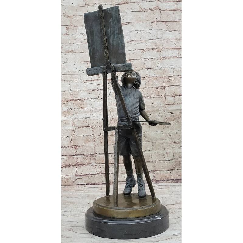 Young Boy Painting On Easel W/ Pallet - Bronze Sculpture Statue Art Teacher Gift Decor