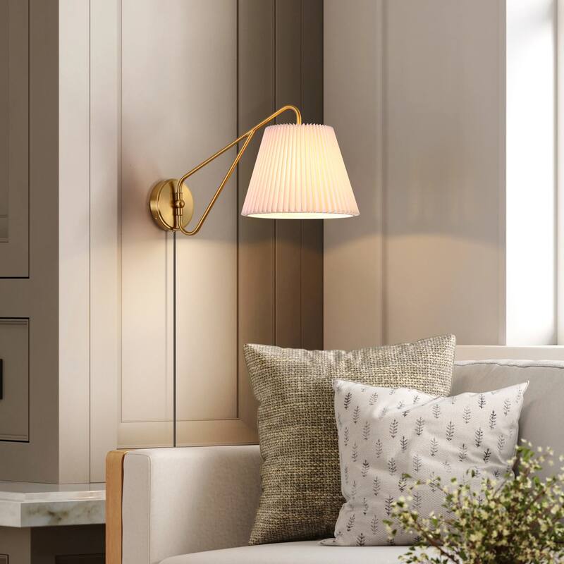 1-Light Mid-Century Modern Pleated Fabric Shade Gold Iron Plug-In Wall Sconce for Bedroom - 12 in. W x 24.2 in. D x 12.9 in. H