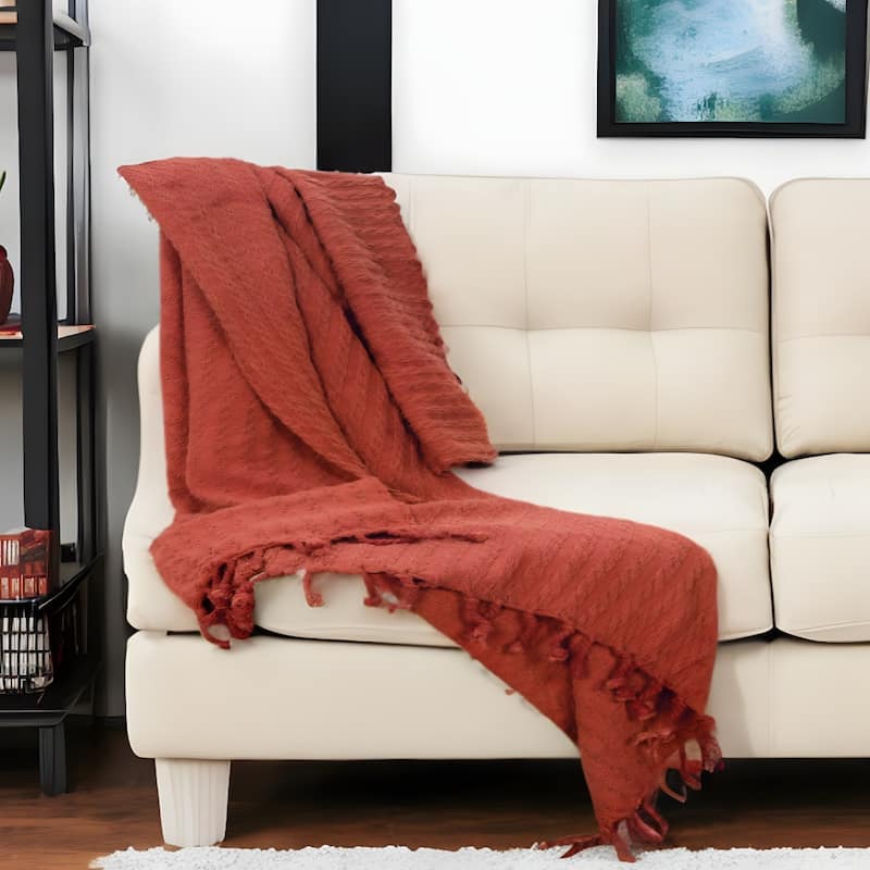 HomeRoots 50" X 60" Burnt Orange Cotton Knitted Striped Throw Blanket with Tassels