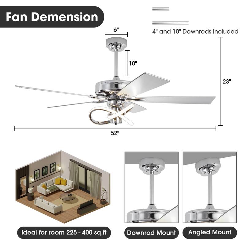 52" Chrome Modern Plywood 5-Blade Ceiling Fan with LED Light and Remote - 52 in. D x 52 in. W x 15.25 in. H