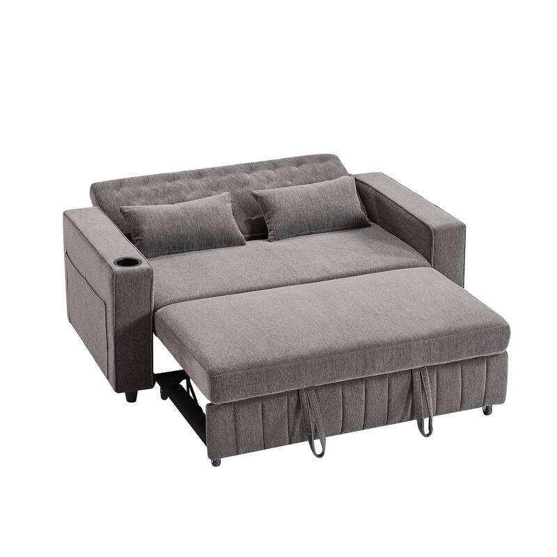 Chenille Loveseat Convertible Pull-out Sleeper Sofa Bed Adjustable Backrest Recliner Sofa w3 USB Ports & 2 Pillows