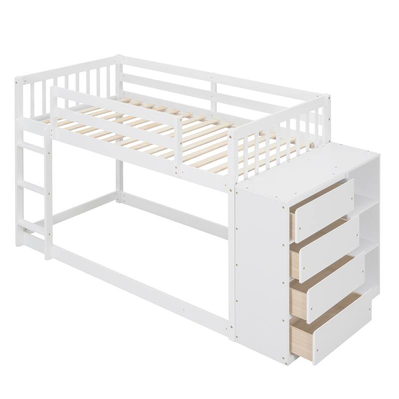 Floor Bunk Bed with Movable Storage Cabinet, Solid Wood Bunkbeds Frame