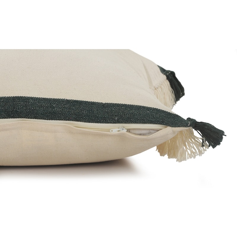 HomeRoots 20" X 20" Juniper Green Dark Green White And Linen 100% Cotton Striped Zippered Pillow