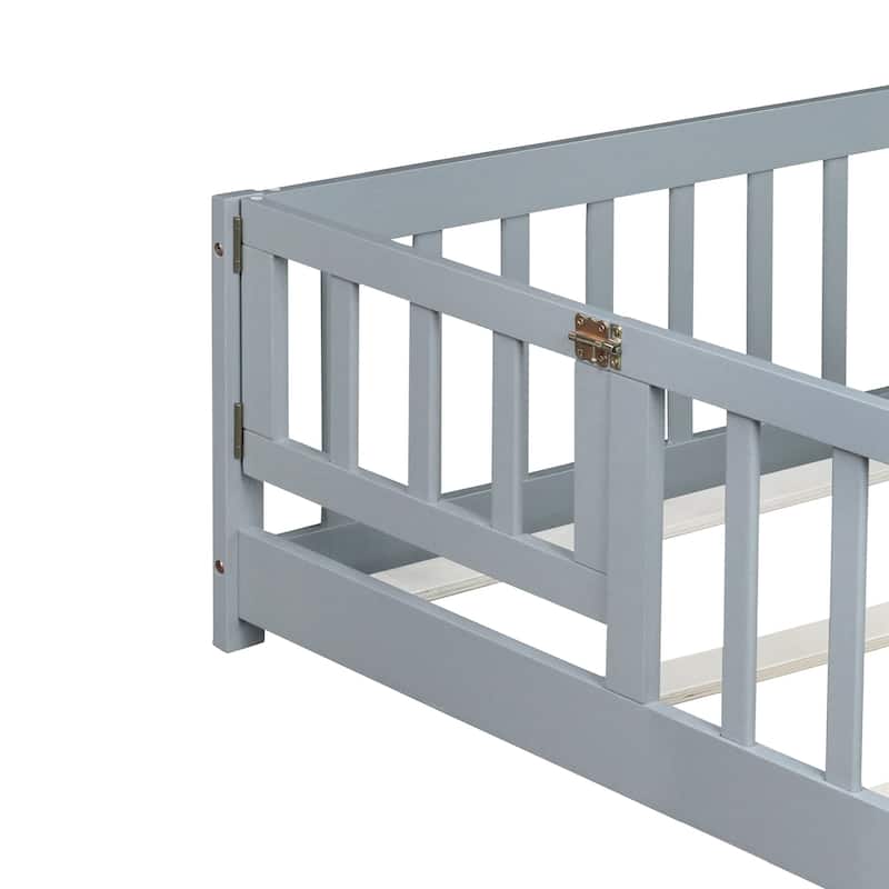 Queen Size Floor Bed with Fence,Door,Rubber Wood Floor Bed with Safety Guardrails