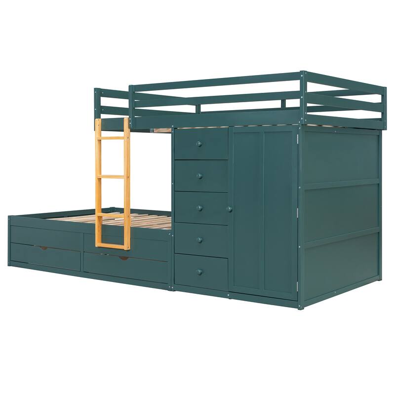 Full Size Bunk Bed with Storage - 2 Large & 5 Small Drawers, Small Wardrobe, MDF & Solid Wood