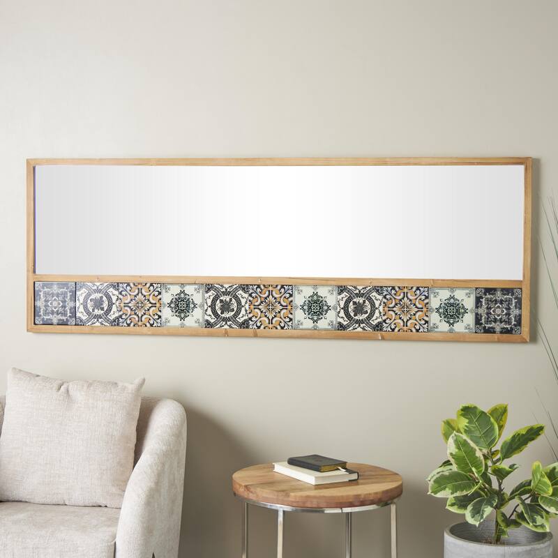 Wood Floral Room Wall Mirror with Patterned Mosaic Tile Edge - Brown - Roche River Decor