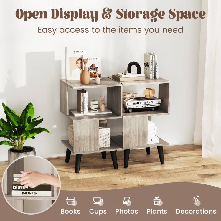 Set of 2 Grey Modern End Tables 3-Tier Bookshelf Nightstands with Open Storage - 16" x 16" x 27.5"