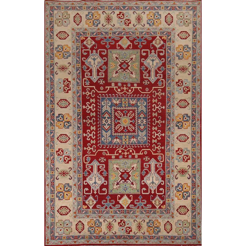 Geometric Red Kazak Area Rug Handmade Oriental Wool Carpet - 6'8" x 9'9"