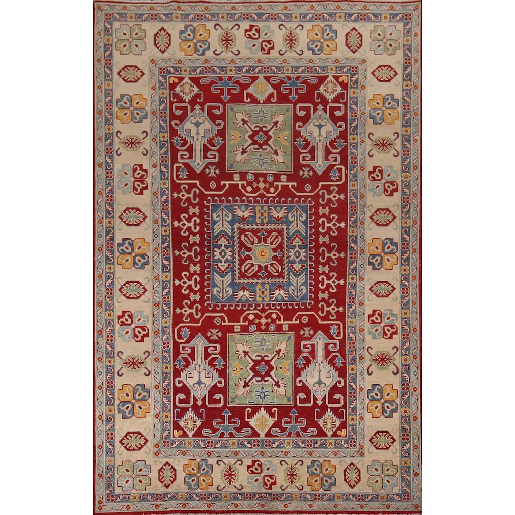 Geometric Red Kazak Area Rug Handmade Oriental Wool Carpet - 6'8" x 9'9"