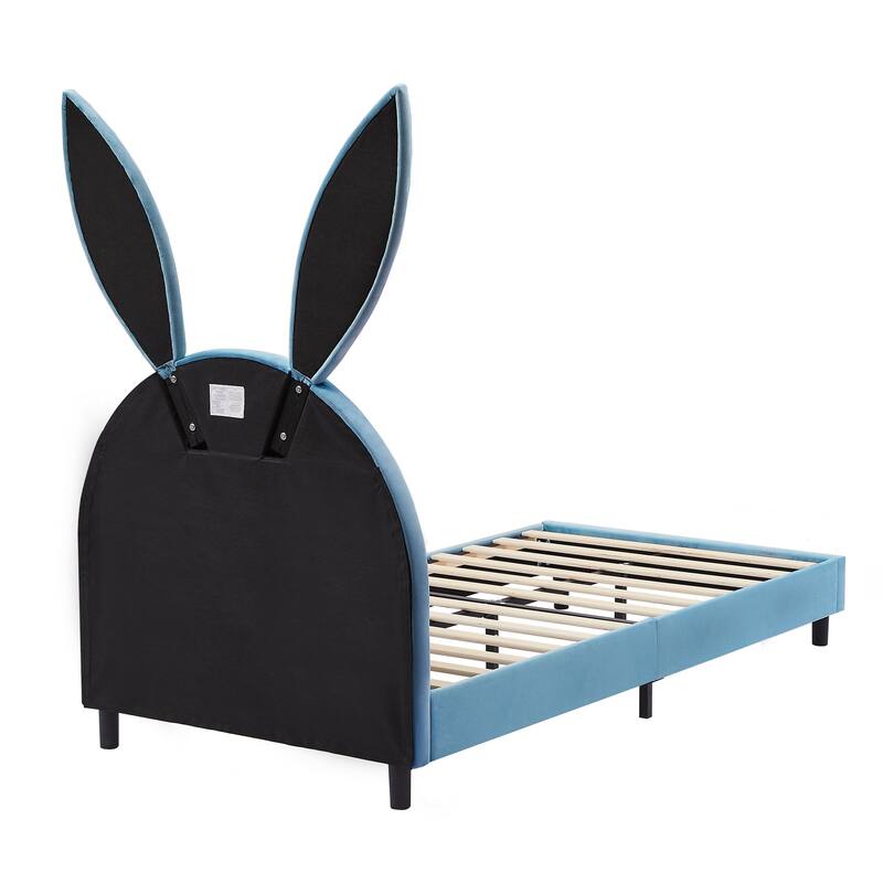 Javlergo Twin Size Kids Bed Frame with Cute Ears Velvet Headboar No Box Spring Required Bed Children's Bed