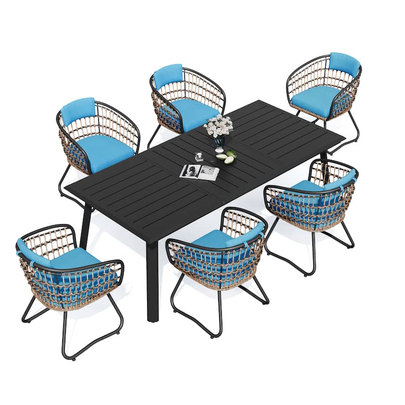 7PC Outdoor Aluminum Dining Table with Umbrella Hole with Rattan Chair