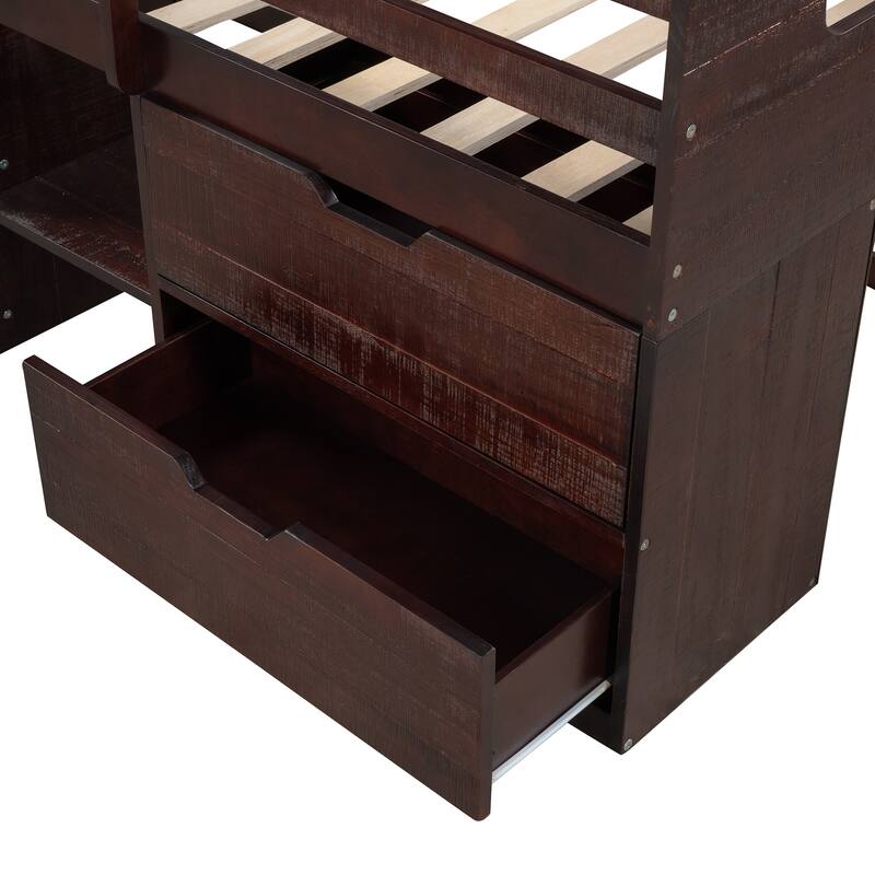 Twin Solid Pine Loft Bed with Shelves, Drawers, and Guardrail