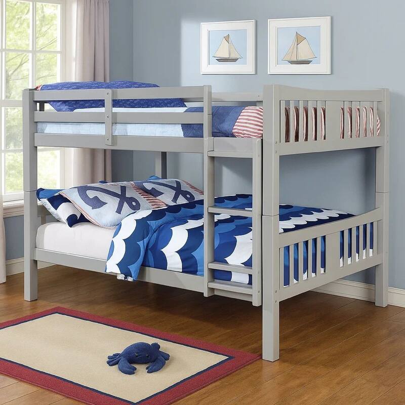 Slatted Full Over Full Bunk Bed with Attached Ladder, Gray
