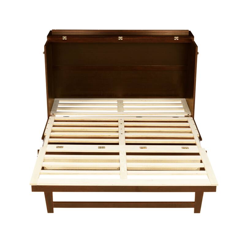 Queen Size Foldable Murphy Bed Convertible Rattan Cube Cabinet with Storage Drawer Space Saving Platform Bed Pine Wood Bed Frame