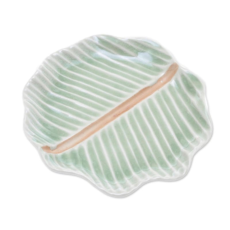 Novica Handmade Tea Leaf Celadon Ceramic Teacup And Saucer