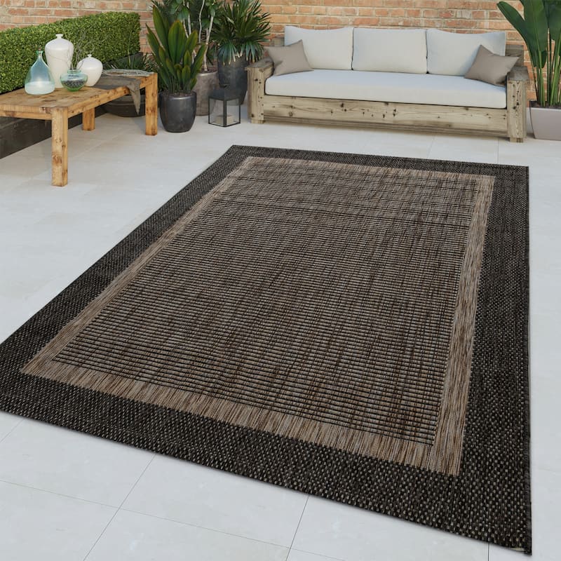 Anthracite Brown Outdoor Rug Rustic Style Bordered for Patio/Balcony - 5'3" x 7'3"