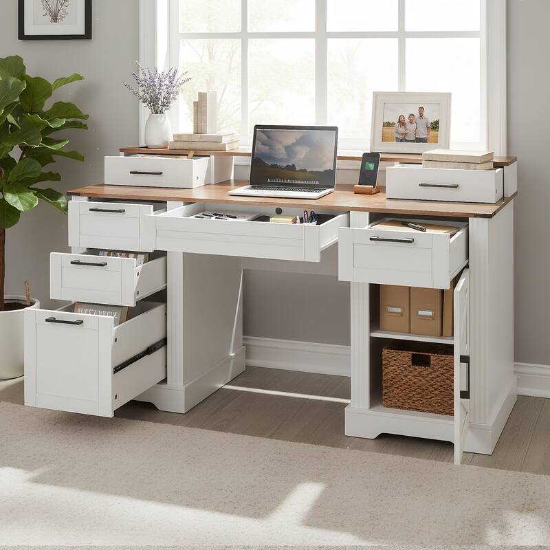59" Farmhouse Office Desk With Charging Station & Storage Cabinet, Barn Door Design Home Office Study Desk with File Drawer