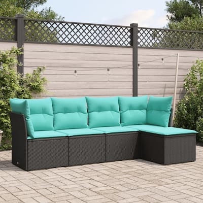 vidaXL 5 Piece Patio Sofa Set with Cushions Black Poly Rattan