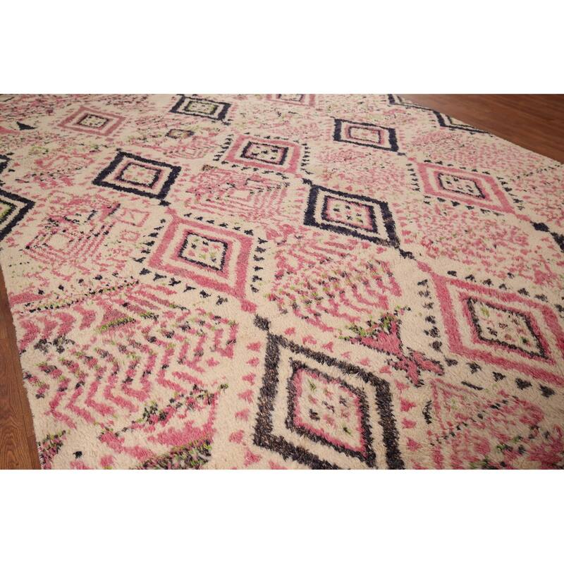 Beige & Pink Moroccan Oriental Area Rug Handmade Wool Carpet - 9'0" x 12'7"