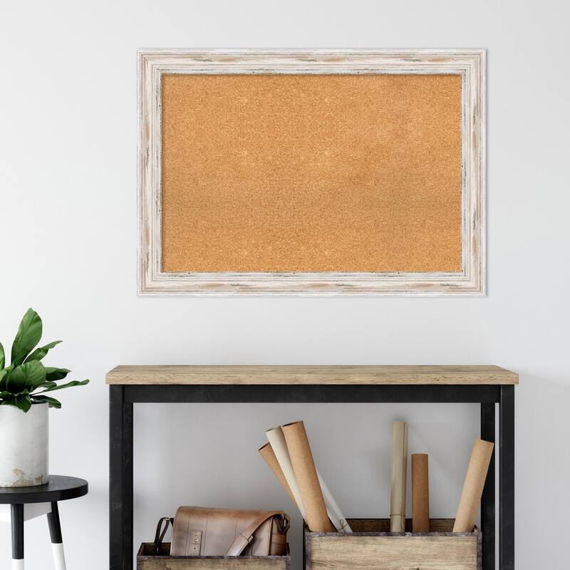 Alexandria White Wash Wood Framed Natural Corkboard Bulletin Board, Organization Board, Pin Board - Board Size 36x24