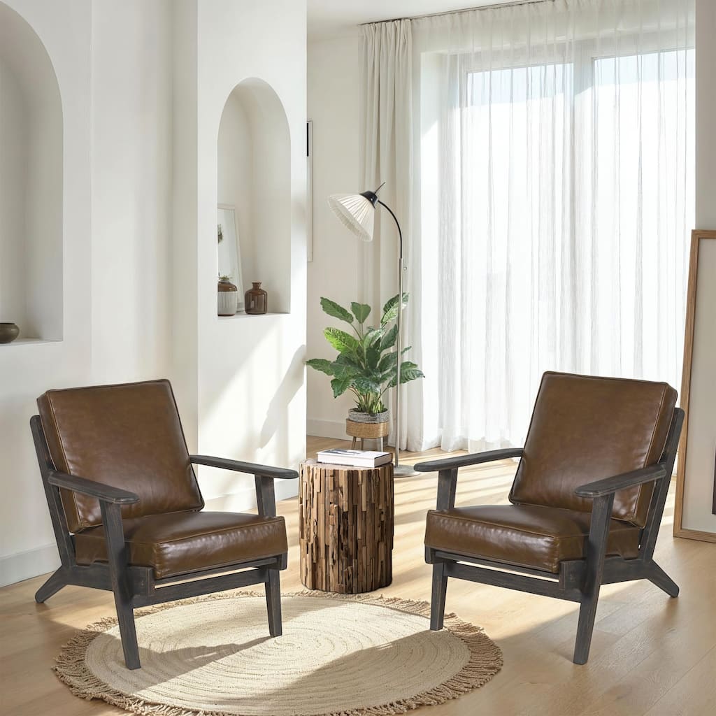 Amber Accent Chair, Handcrafted Slatted Mango Wood, Buffalo Leather Cushions Angled Legs