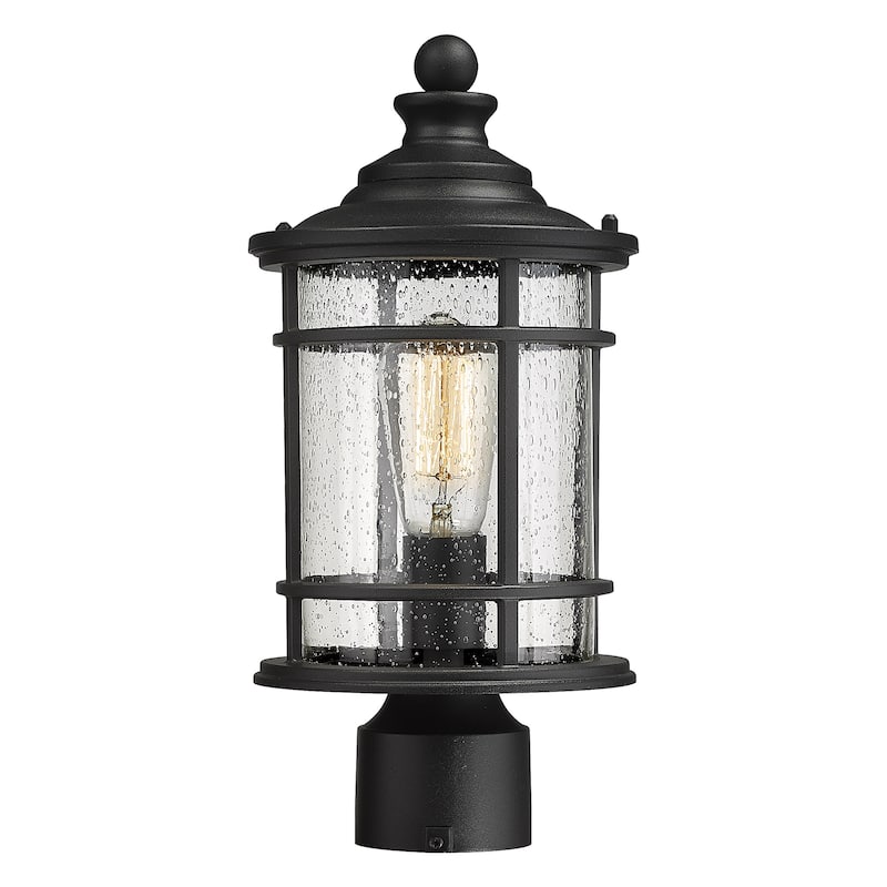 Outdoor Post Light Fixtures, 15 Inch Farmhouse Modern Lamp Post Lighting, Black Finish with Seeded Glass - Black