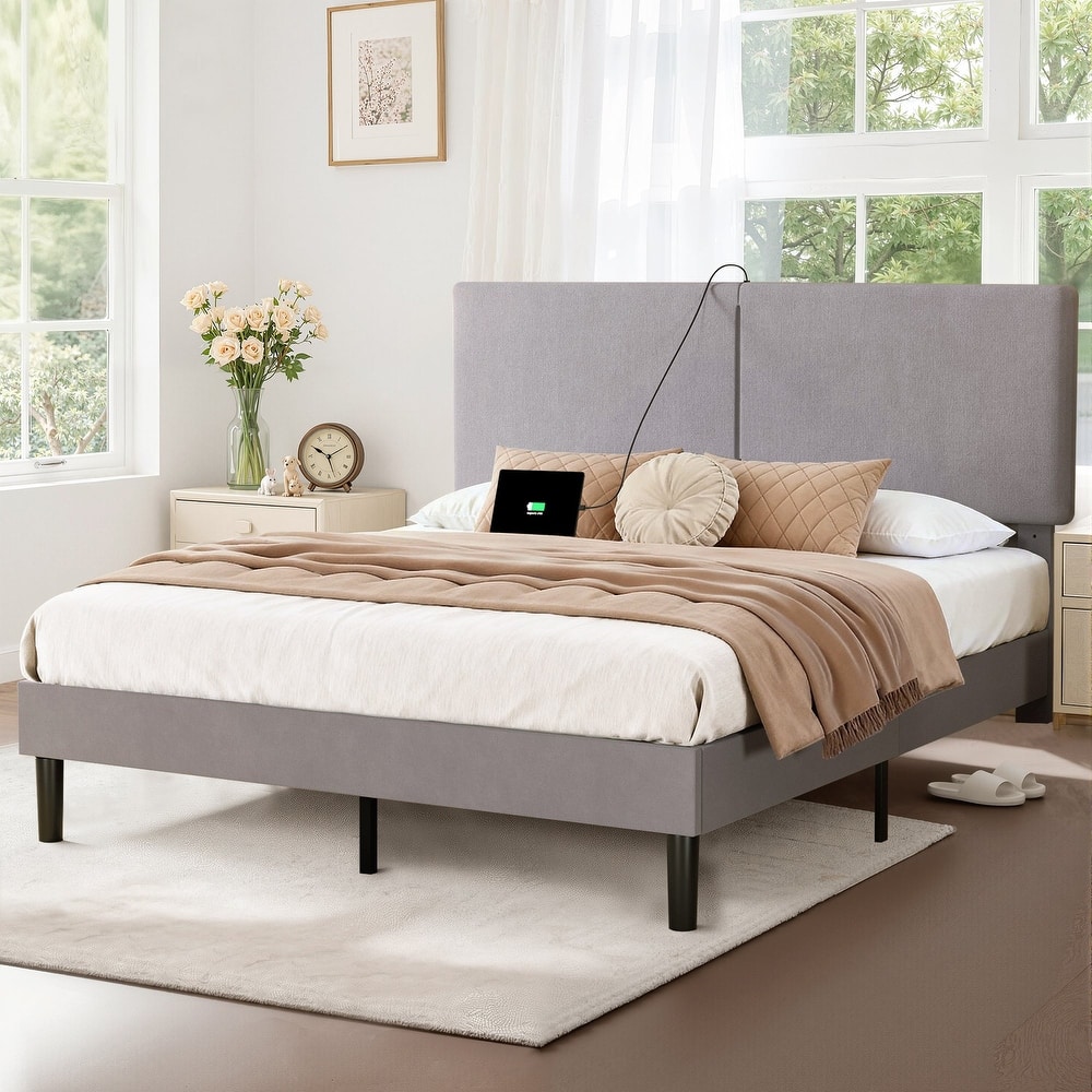 VECELO Adjustable Upholstered Split Headboard Bed Frame with Charging Station USB Port Type C No Box Spring Needed Noiseless Bed