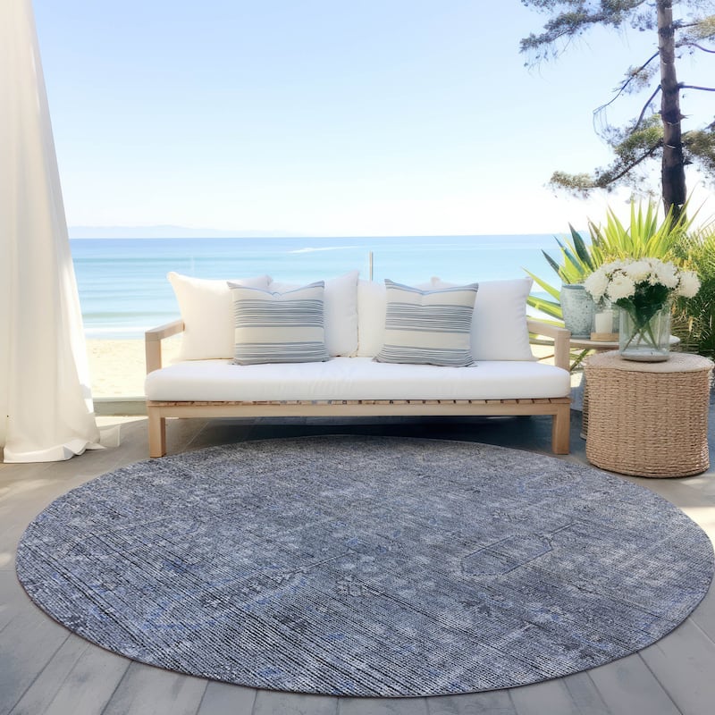 Machine Washable Indoor/ Outdoor Chantille Distressed Traditional Rug - Blue - 8' x 8'