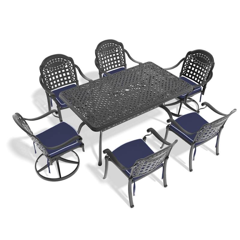 7 Pcs Outdoor Dining Set, Patio Aluminum Furniture Set with 2 Swivel Rocker Chairs, 4 Dining Chairs and Rectangular Table