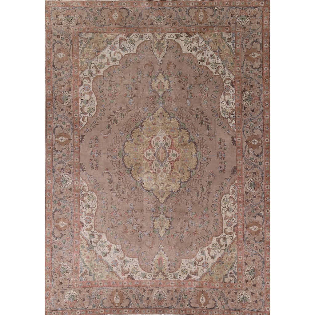 Brown Tabriz Persian Vintage Area Rug Hand-Knotted Wool Carpet - 8'0" x 10'11"