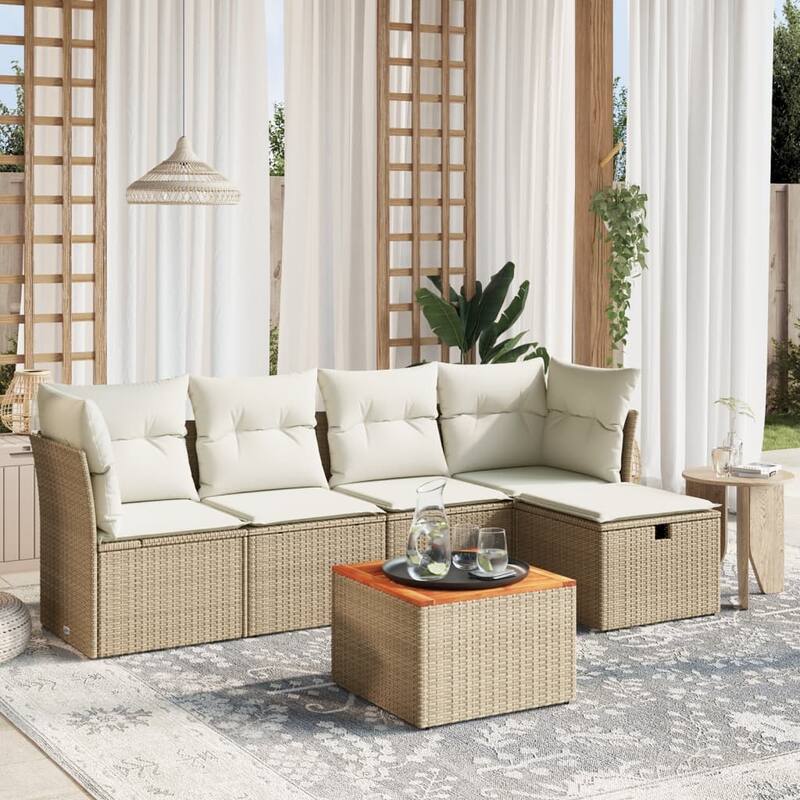 vidaXL Patio Sofa Set with Cushions Outdoor Furniture 6 Piece Poly Rattan - Beige and cream Moderate