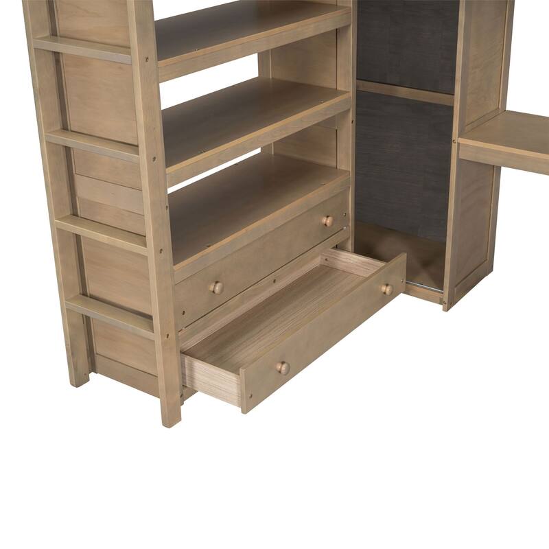 Full Size Pinewood Loft Bed with Built-in Study Desk and Wardrobe, Storage Shelves and 2 Drawers, Full-length Guardrails