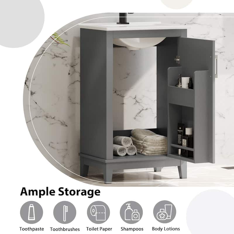 20" Bathroom Vanity with Ceramic Sink Small Freestanding Cabinet Soft Close Door and Storage Shelves