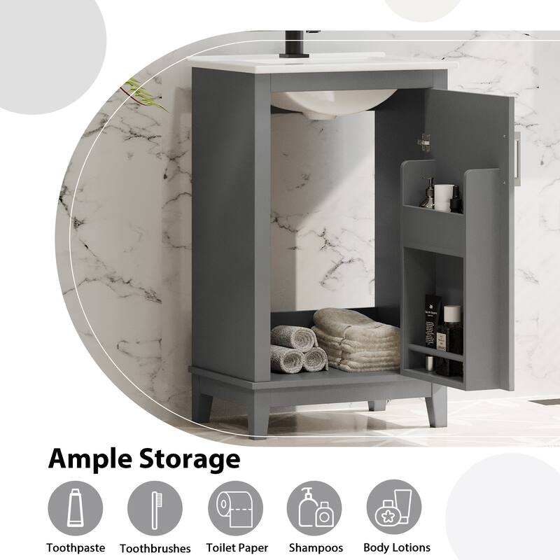 20" Modern Small Bathroom Vanity Cabinet With Ceramic Basin - 20"*15.5"*33.3", Ample Storage, 1 Soft-Close Door